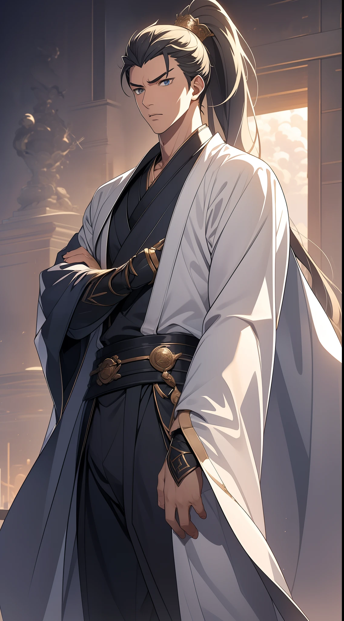 quadratic element,style of anime,mtu(Male Warrior),The proportions are correct,Face details,swordsmen,High ponytail hairstyle,Neck details,There is an Adam's apple,White robe,kaftan,long white robe,clothes details,Handing over,longer sleeves,Game quality,Swordsmanship,Light and shadow tracking,Ray traching,detailed glow,cg render,hair detail,cabelos preto e longos,blue colored eyes,Handsome,Handsome,(juvenile sense),Clothing is complicated,Perfectcomposition,Refinement,high qulity,higher details,Lots of details,The background is complex,a sense of atmosphere,