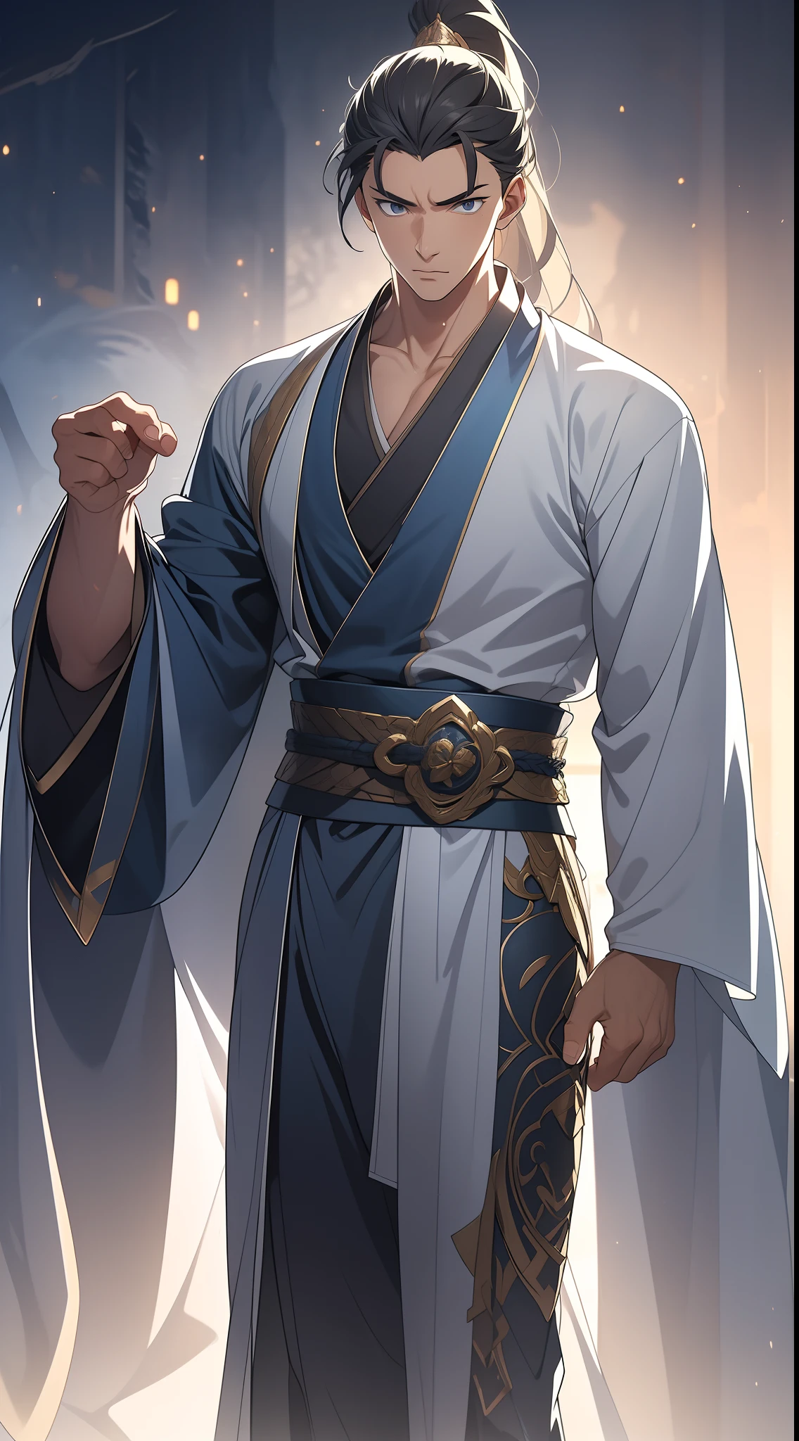 quadratic element,style of anime,mtu(Male Warrior),The proportions are correct,Face details,swordsmen,High ponytail hairstyle,Neck details,There is an Adam's apple,White robe,kaftan,long white robe,clothes details,Handing over,longer sleeves,Game quality,Swordsmanship,Light and shadow tracking,Ray traching,detailed glow,cg render,hair detail,cabelos preto e longos,blue colored eyes,Handsome,Handsome,(juvenile sense),Clothing is complicated,Perfectcomposition,Refinement,high qulity,higher details,Lots of details,The background is complex,a sense of atmosphere,