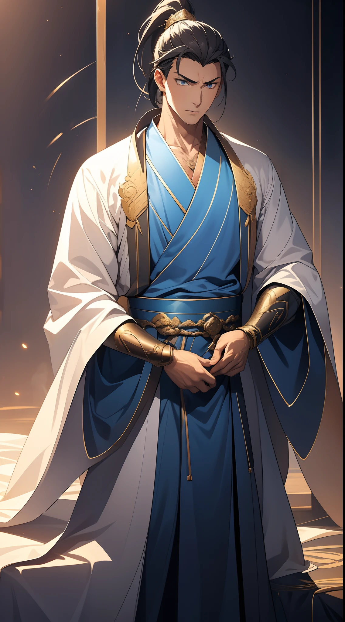 quadratic element,style of anime,mtu(Male Warrior),The proportions are correct,Face details,swordsmen,High ponytail hairstyle,Neck details,There is an Adam's apple,White robe,kaftan,long white robe,clothes details,Handing over,longer sleeves,Game quality,Swordsmanship,Light and shadow tracking,Ray traching,detailed glow,cg render,hair detail,cabelos preto e longos,blue colored eyes,Handsome,Handsome,(juvenile sense),Clothing is complicated,Perfectcomposition,Refinement,high qulity,higher details,Lots of details,The background is complex,a sense of atmosphere,