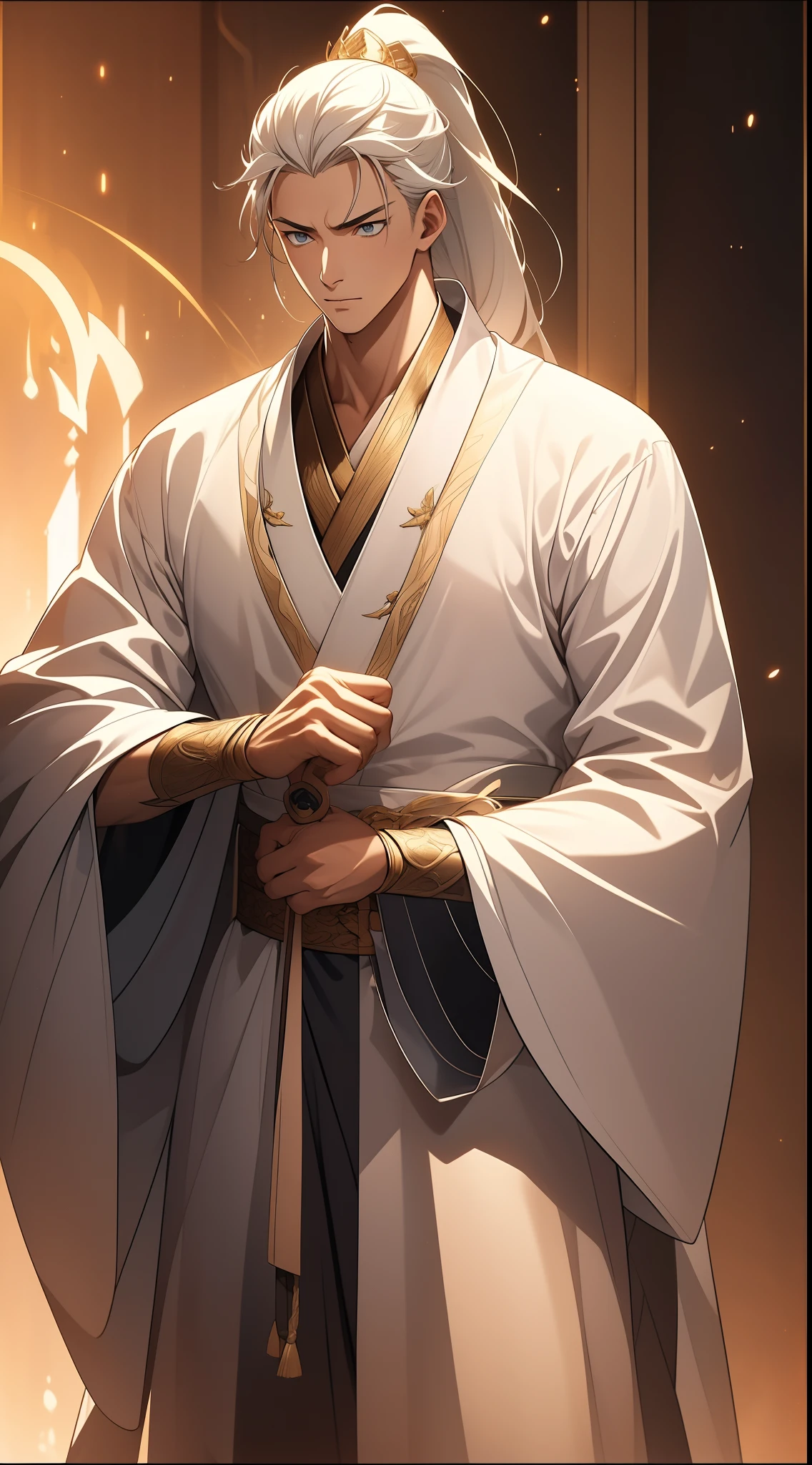 quadratic element,style of anime,mtu(Male Warrior),The proportions are correct,Face details,swordsmen,High ponytail hairstyle,Neck details,There is an Adam's apple,White robe,kaftan,long white robe,clothes details,Handing over,longer sleeves,Game quality,Swordsmanship,Light and shadow tracking,Ray traching,detailed glow,cg render,hair detail,cabelos preto e longos,blue colored eyes,Handsome,Handsome,(juvenile sense),Clothing is complicated,Perfectcomposition,Refinement,high qulity,higher details,Lots of details,The background is complex,a sense of atmosphere,
