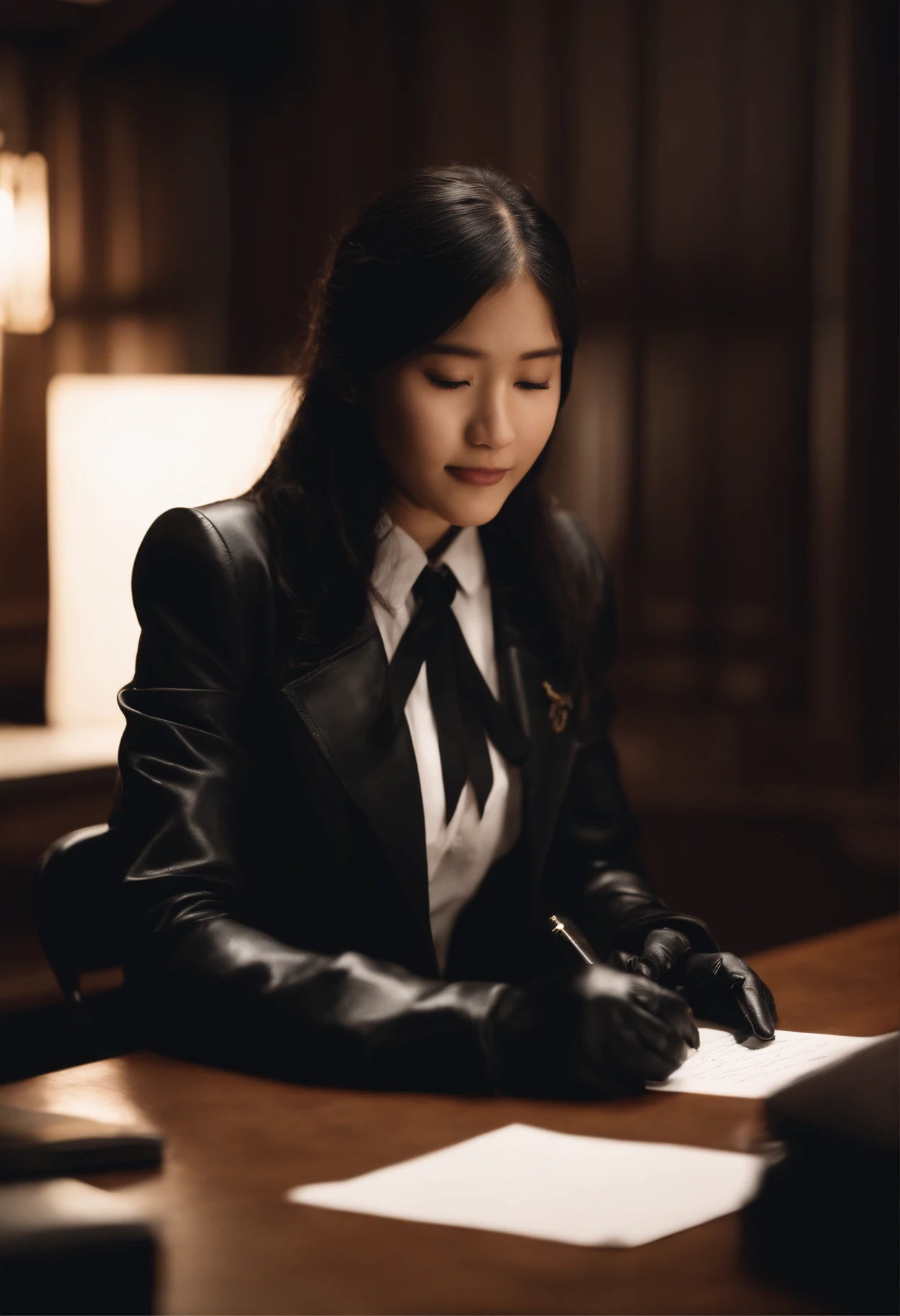 Wearing black leather gloves in both hands, upper body, black blazer uniform, shirt and ribbon, facing the desk in the modern study in the dark, looking down and smiling, writing a letter using a fountain pen, long, straight black hair, young Japanese high school girl (black leather gloves cover both hands)