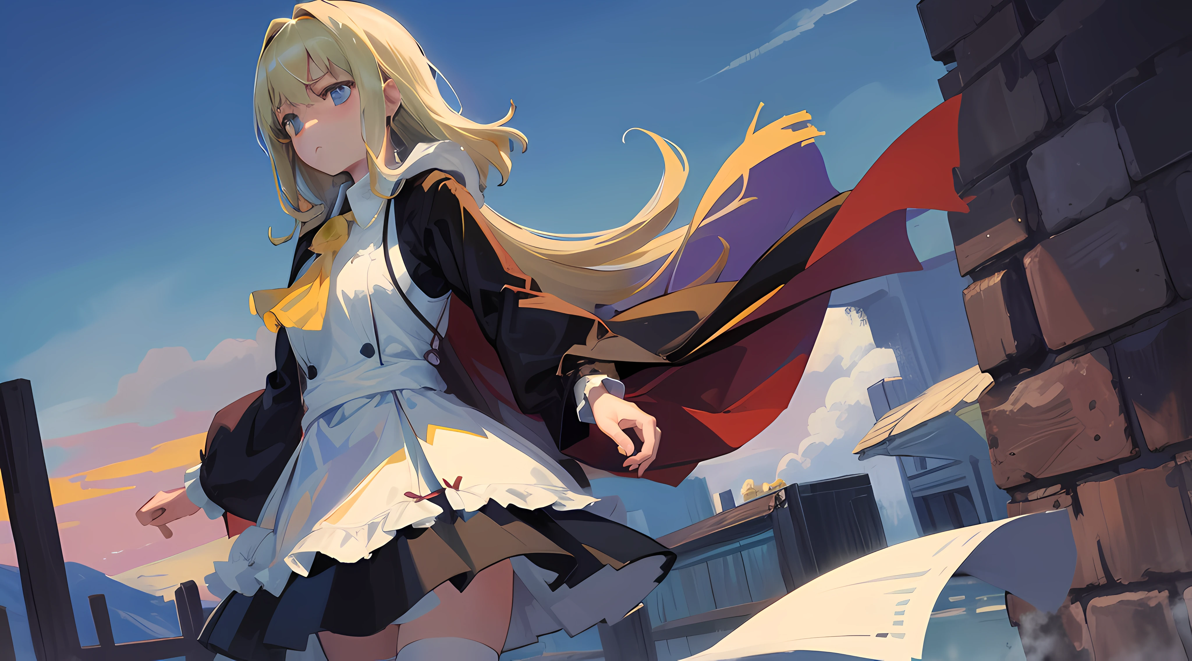 (Masterpiece, Best quality:1.2), Cowboy shot, Solo, 1girll, Charlotte Orin, Expressionless, Closed mouth, Look at Vail, ascot, cloaks, Skirt, blue thighhighs