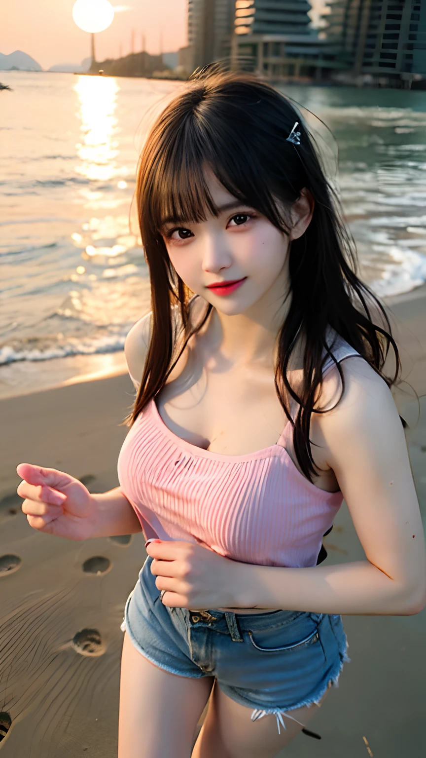 1girl, ((extreme detail)), (ultra-detailed), (best quality, 4k, 8k, highres, masterpiece:1.2), (realistic, photorealistic, photo-realistic:1.37), (extremely detailed CG unity 8k wallpaper), (an extremely delicate and beautiful), fine detail, insane details, sharp focus, soft back, soothing tones, hyperdetailed, low contrast, exposure blend, illustration, film grain, beautiful lighting, perfect lightning, precise proportions,
(perfect female figure), blush,
(beach), background blur, sunlight, daylight,
(short-length wavy parted hair:1.45),
(pink tank top), (denim shorts), (smile:0.8),