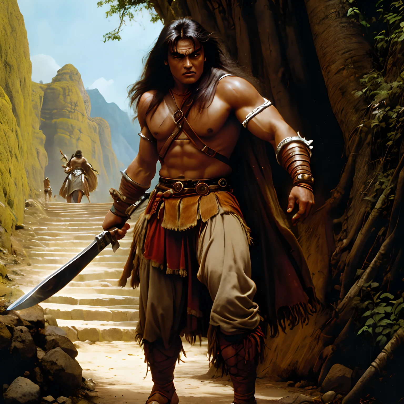 Excellence HD 8K Male Classic Art Barbarian Comics, Conan, the Barbarian, jovem viril, face limpa, caminhando por uma estrada de pedra, wearing sandals, wearing a short tunic, segurando uma espada, junto dele uma princesa Shemita muito bonita