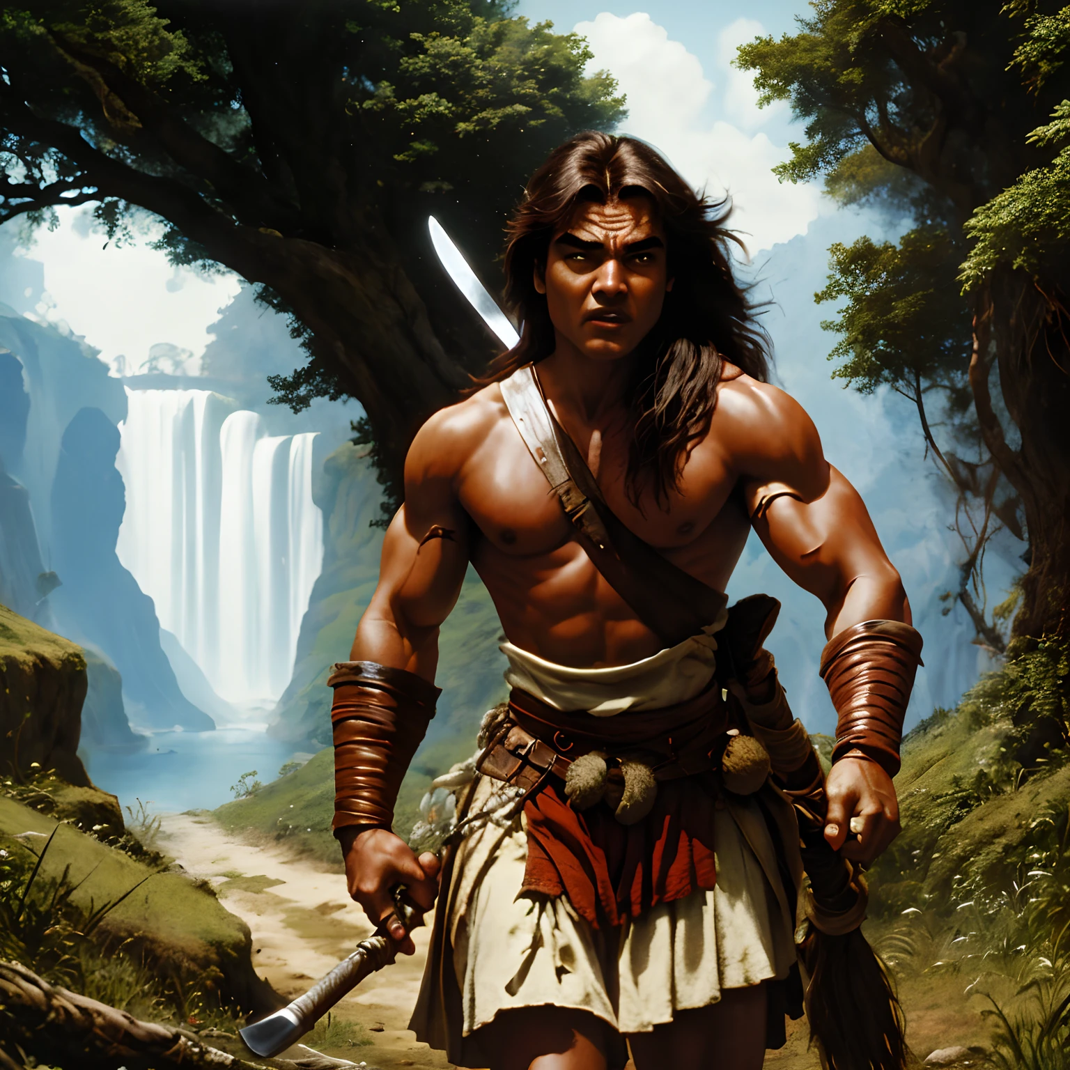 Excellence HD 8K Male Classic Art Barbarian Comics, Conan, the Barbarian, jovem viril, face limpa, caminhando por uma estrada de pedra, wearing sandals, wearing a short tunic, segurando uma espada, junto dele uma princesa Shemita muito bonita