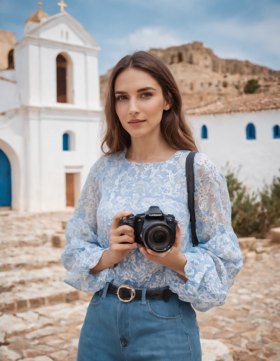 A woman taking a photo with 2 blue and white churches next to each other in the background, Olympus OM-1 style, playful color palette, eye-catching details, Minoan art, Sony alpha a7 iii, light orange and white, sky blue and black