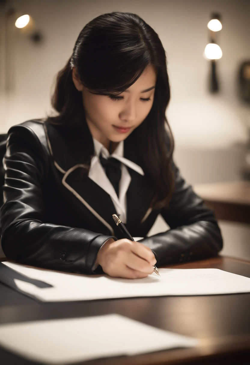 Wearing black leather gloves in both hands, upper body, black blazer uniform, shirt and ribbon, facing the desk in the modern study in the dark, looking down and smiling, writing a letter using a fountain pen, long, straight black hair, young Japanese high school girl (black leather gloves cover both hands)