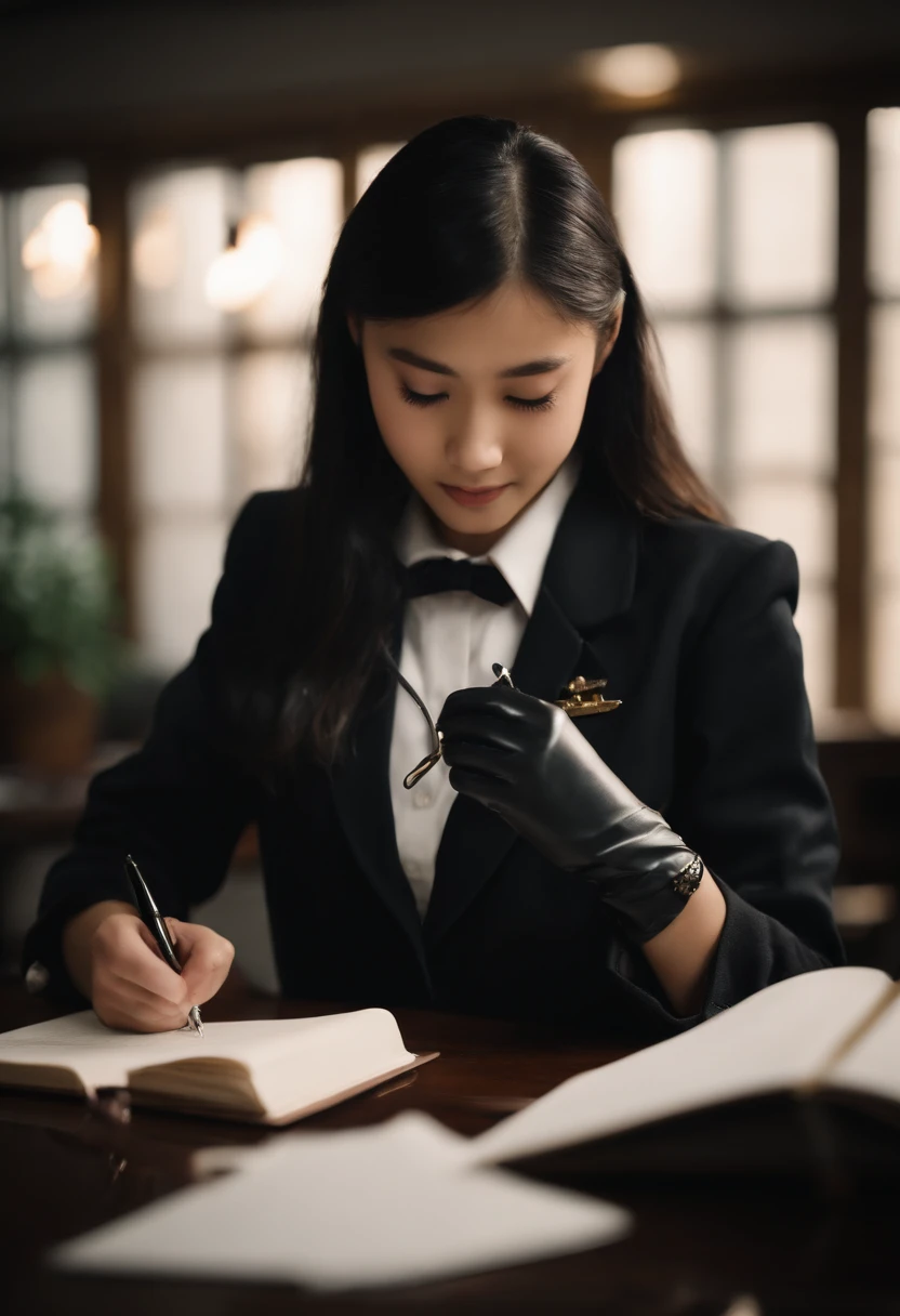 Wearing black leather gloves in both hands, upper body, black blazer uniform, shirt and ribbon, facing the desk in the modern study in the dark, looking down and smiling, writing a letter using a fountain pen, long, straight black hair, young Japanese high school girl (black leather gloves cover both hands)