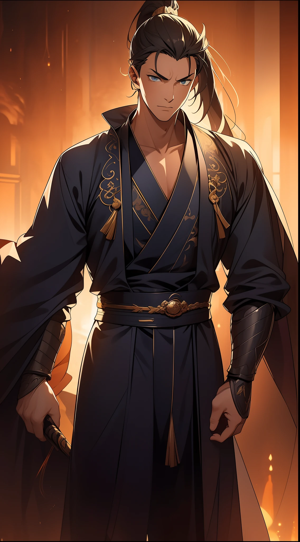 quadratic element，style of anime，mtu（Male Warrior），The proportions are correct，Face details，swordsmen，High ponytail hairstyle，Neck details，There is an Adam's apple，Blue suit，kaftan，long blue robes，clothes details，Handing over，longer sleeves，Game quality，Swordsmanship，Light and shadow tracking，Ray traching，detailed glow，cg render，hair detail，Black long hair，blue colored eyes，Handsome，Handsome，（juvenile sense），Clothing is complicated，Perfectcomposition，Refinement，high qulity，higher details，Lots of details，The background is complex，a sense of atmosphere，