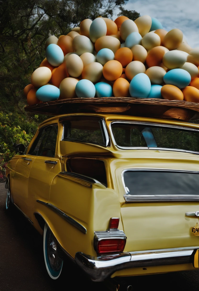 carro opala, com vendedor de ovo.lots of eggs in the back seat of the car,no porta malas ,carro do futuro ,imagem ultrarealista.