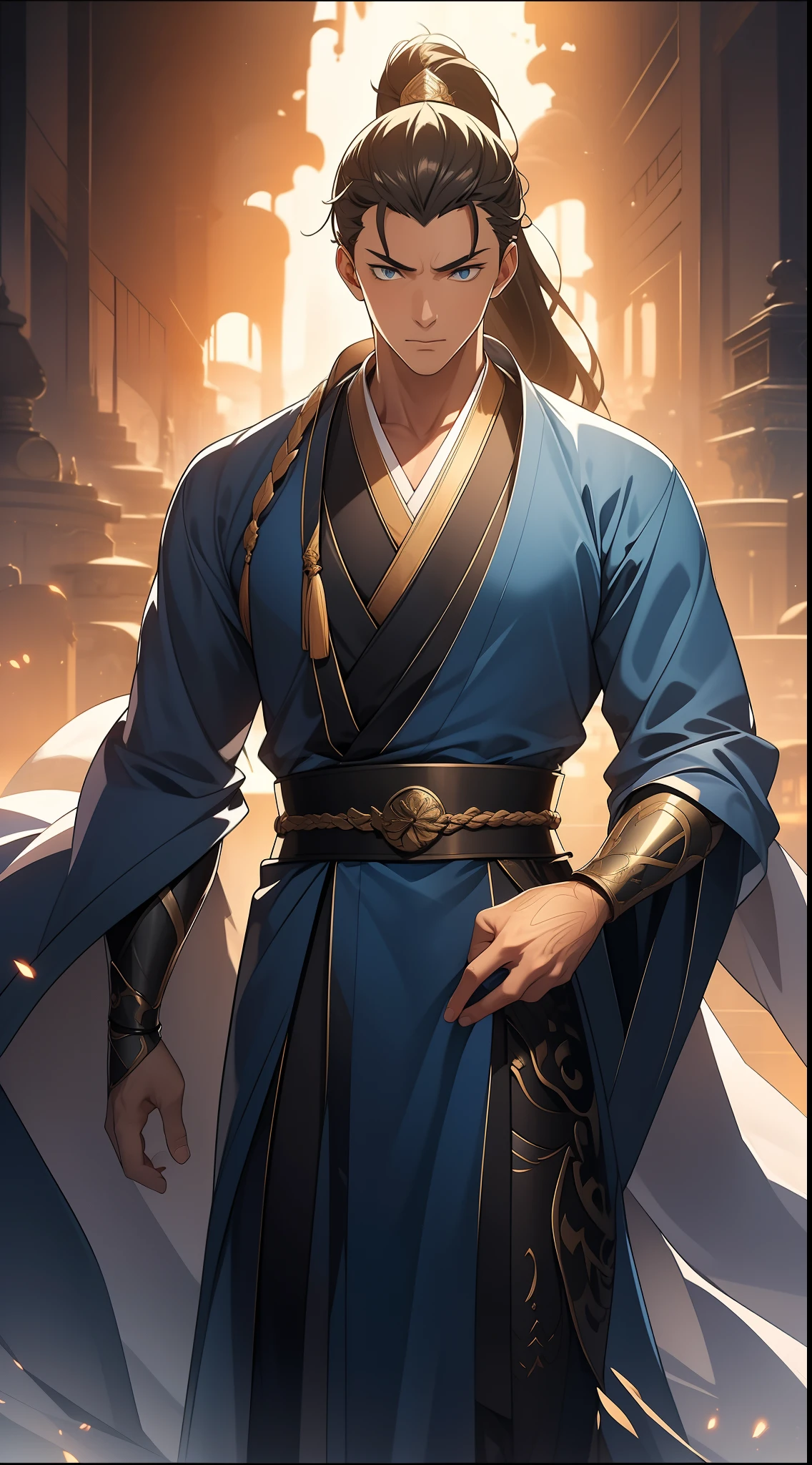 quadratic element,style of anime,mtu(Male Warrior),The proportions are correct,Face details,swordsmen,High ponytail hairstyle,Neck details,There is an Adam's apple,Blue suit,kaftan,long blue robes,clothes details,Handing over,longer sleeves,Game quality,Swordsmanship,Light and shadow tracking,Ray traching,detailed glow,cg render,hair detail,Black long hair,blue colored eyes,Handsome,Handsome,(juvenile sense),Clothing is complicated,Perfectcomposition,Refinement,high qulity,higher details,Lots of details,The background is complex,a sense of atmosphere,