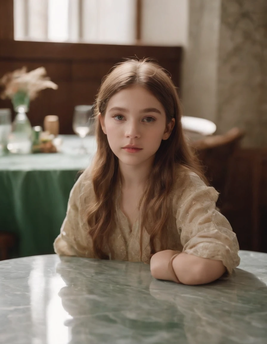 A cocktail lies on a white marble table in the style of light brown and green, rough surface, duck core, folk style, Ilford Pan F, intricate, tondo, a little girl is sitting at the table