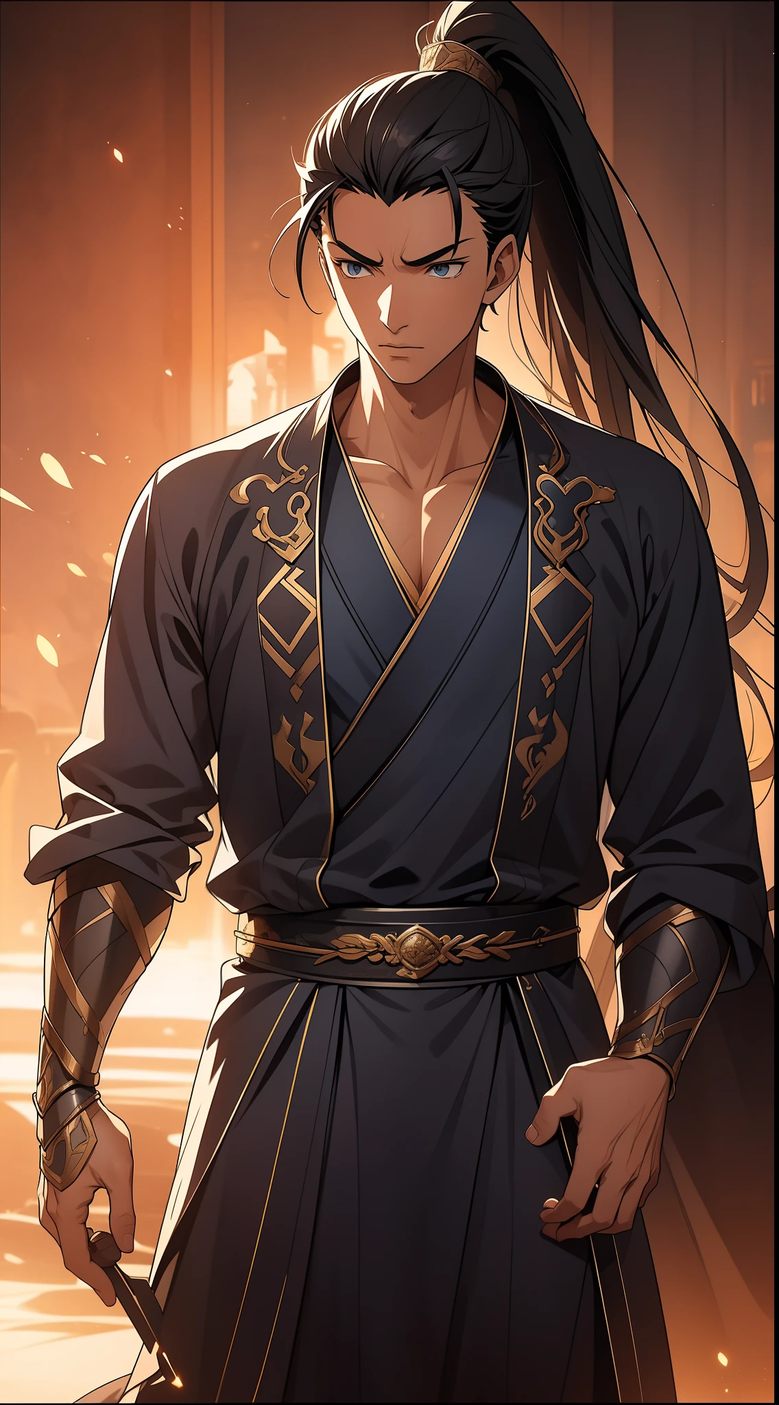 quadratic element，style of anime，mtu（Male Warrior），The proportions are correct，Face details，swordsmen，High ponytail hairstyle，Neck details，There is an Adam's apple，Blue suit，kaftan，long blue robes，clothes details，Handing over，longer sleeves，Game quality，Swordsmanship，Light and shadow tracking，Ray traching，detailed glow，cg render，hair detail，Black long hair，blue colored eyes，Handsome，Handsome，（juvenile sense），Clothing is complicated，Perfectcomposition，Refinement，high qulity，higher details，Lots of details，The background is complex，a sense of atmosphere，