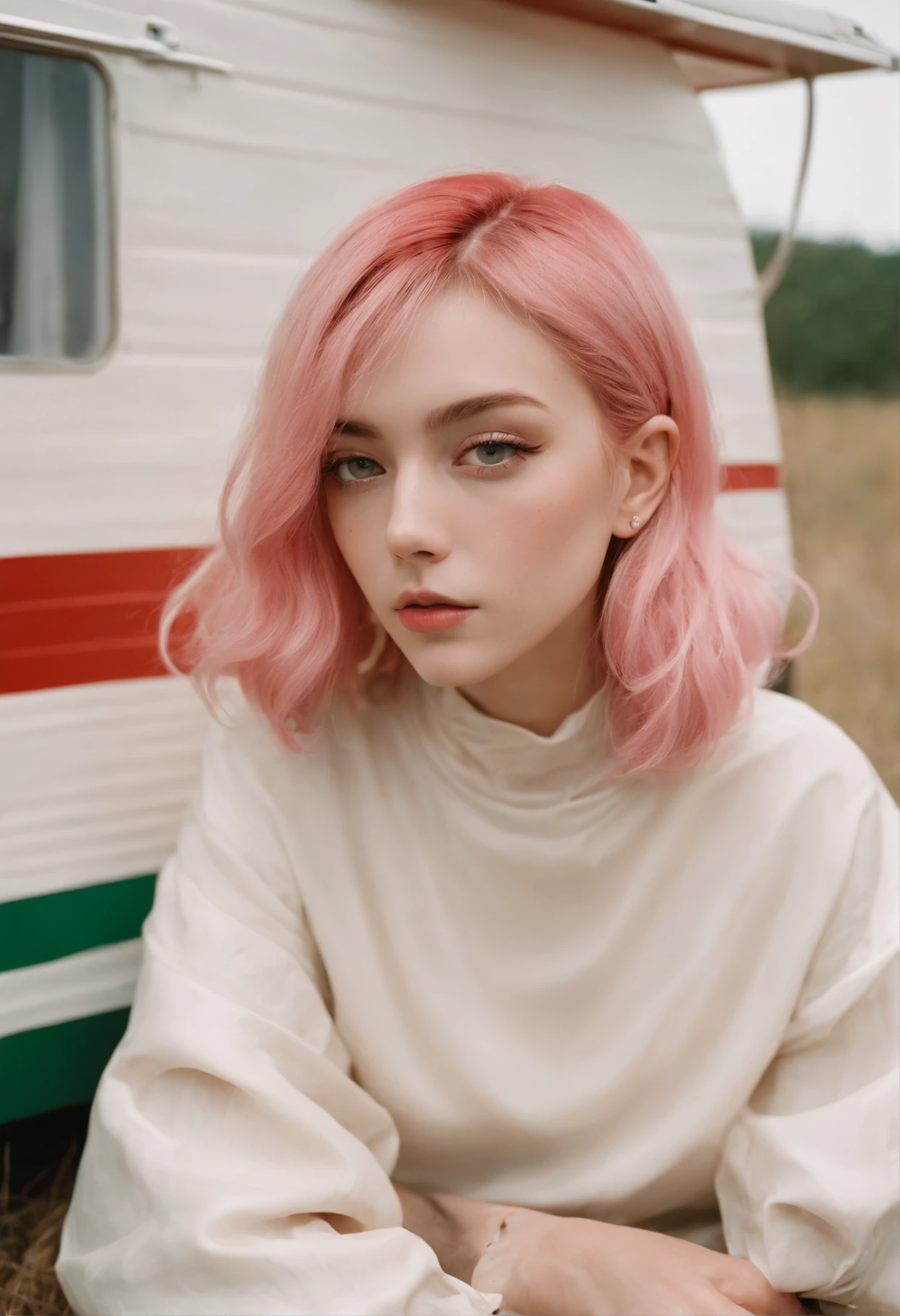 analogphoto, Grain film, vintage photograph, Portra 400, The Flash, In the style of lo-fi aesthetics:: Girl sitting near camping trailer, Light beige and red、Green and pink hair