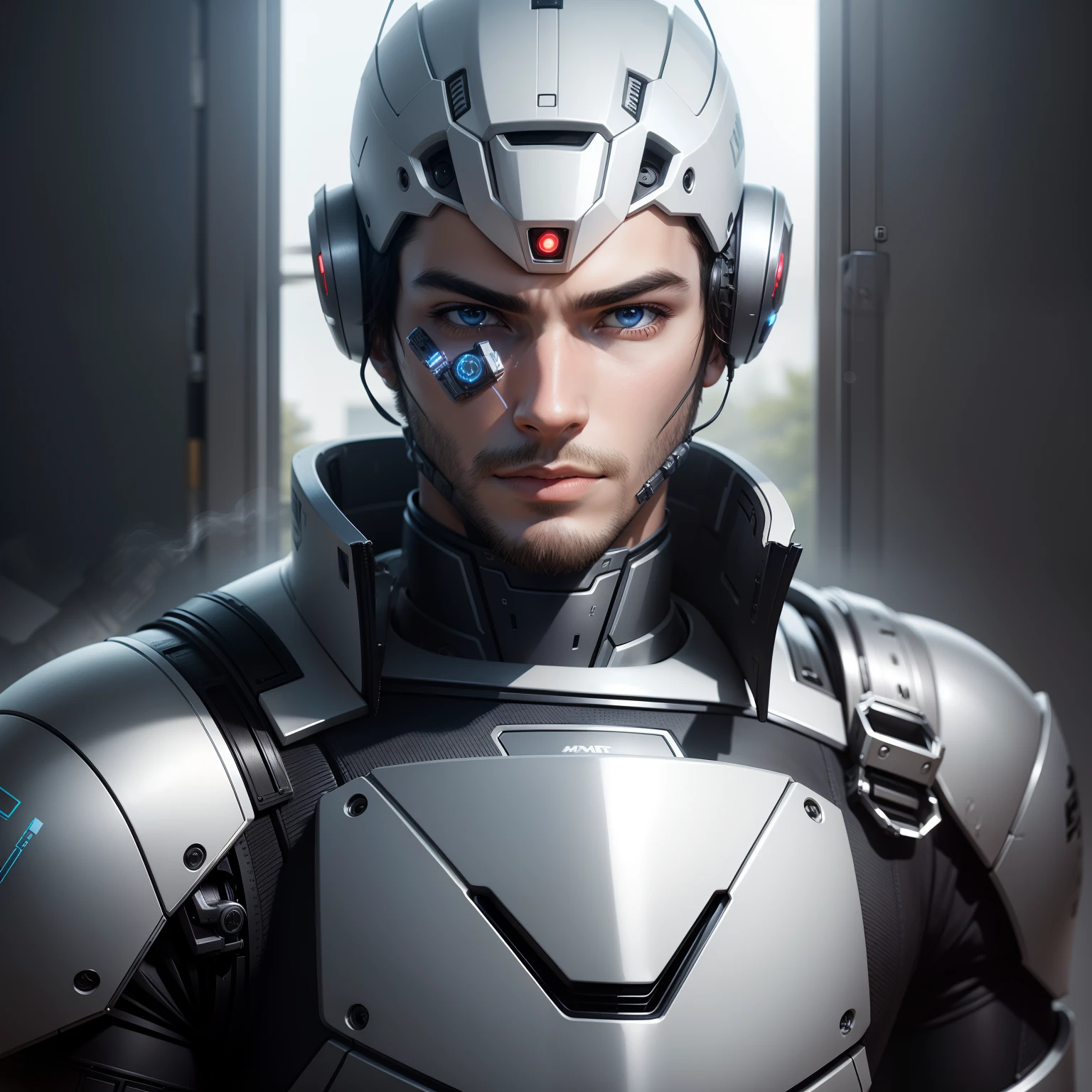 Create a robot with a male human face looking forward