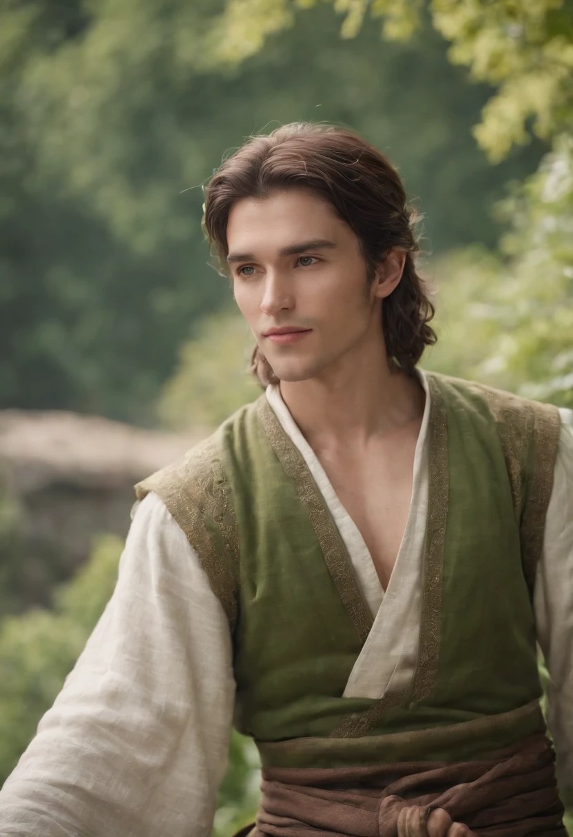 Anime,2d, cabelo verde, Adulto, 25 anos, roupas brancas, comerciante, fazendeiro, medieval , sorrindo, homem, melhor qualidade, obra prima, 8k, 32k, fundo vilarejo