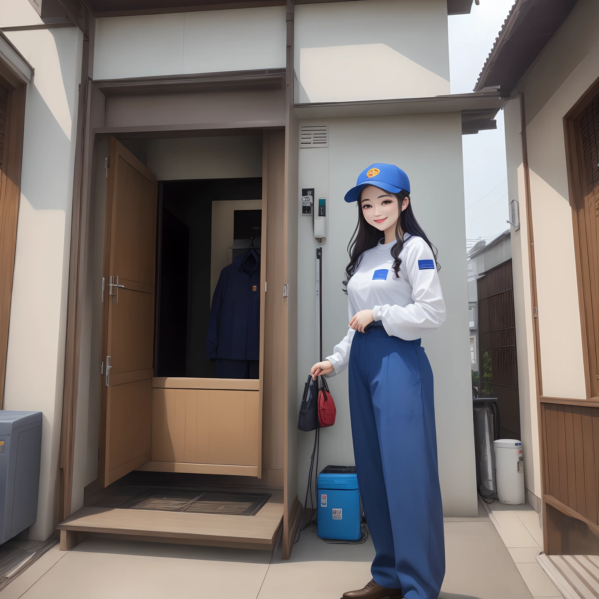 Super beautiful、high-detail、Luxury residential area、In front of the entrance、airconditionerlora、On-site repair、Female worker、Blue workwear、japanes、full bodyesbian、long-sleeve、long trousers、Standing、Sales Smile、
