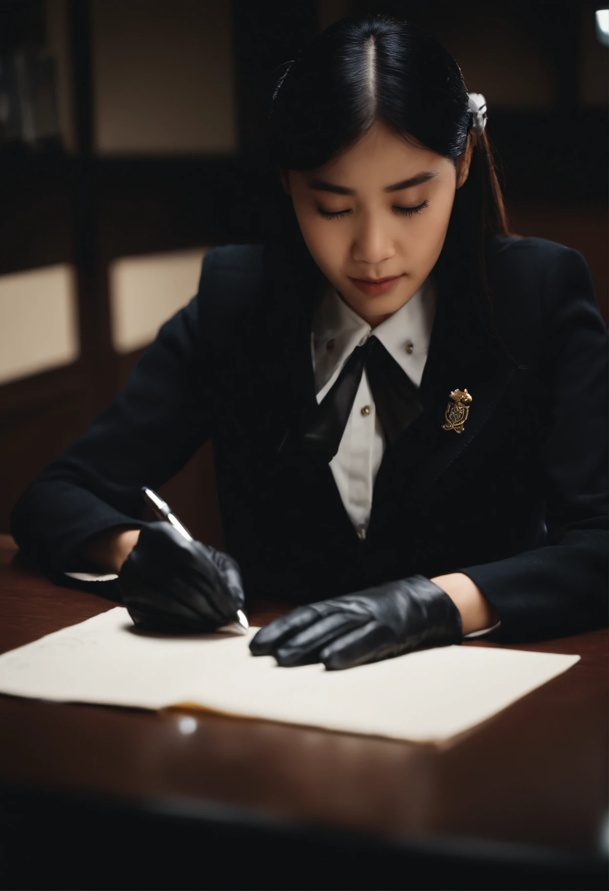 Wearing black leather gloves in both hands, upper body, black blazer uniform, shirt and ribbon, facing the desk in the modern study in the dark, looking down and smiling, writing a letter using a fountain pen, long, straight black hair, young Japanese high school girl (black leather gloves cover both hands)