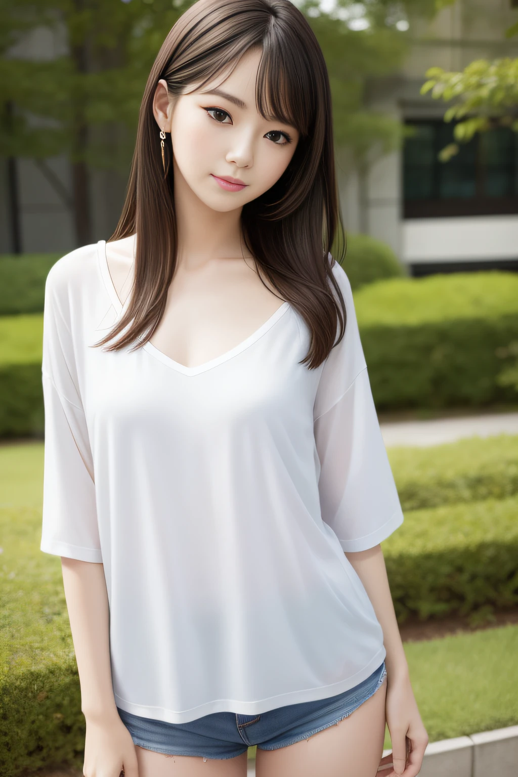 Asian, Beautiful, slender, Cute, 30s, Beautiful face, Beautiful skin, actress, Mature, Upper body, light brown hair, Fine hair, Live action, masutepiece, Best Quality, Very elaborate CG Unity 8K wallpaper, Ultra high definition, Casual Fashion, Lighting, Summer Fashion, (Natural brown hair: 0.8), (Puffy eyes), looking at audience, Turn around, Bleach Hair, model poses, White background, Delicate skin type, Fine curly hair, Hands around the mouth, White T-shirt, Hair model photography