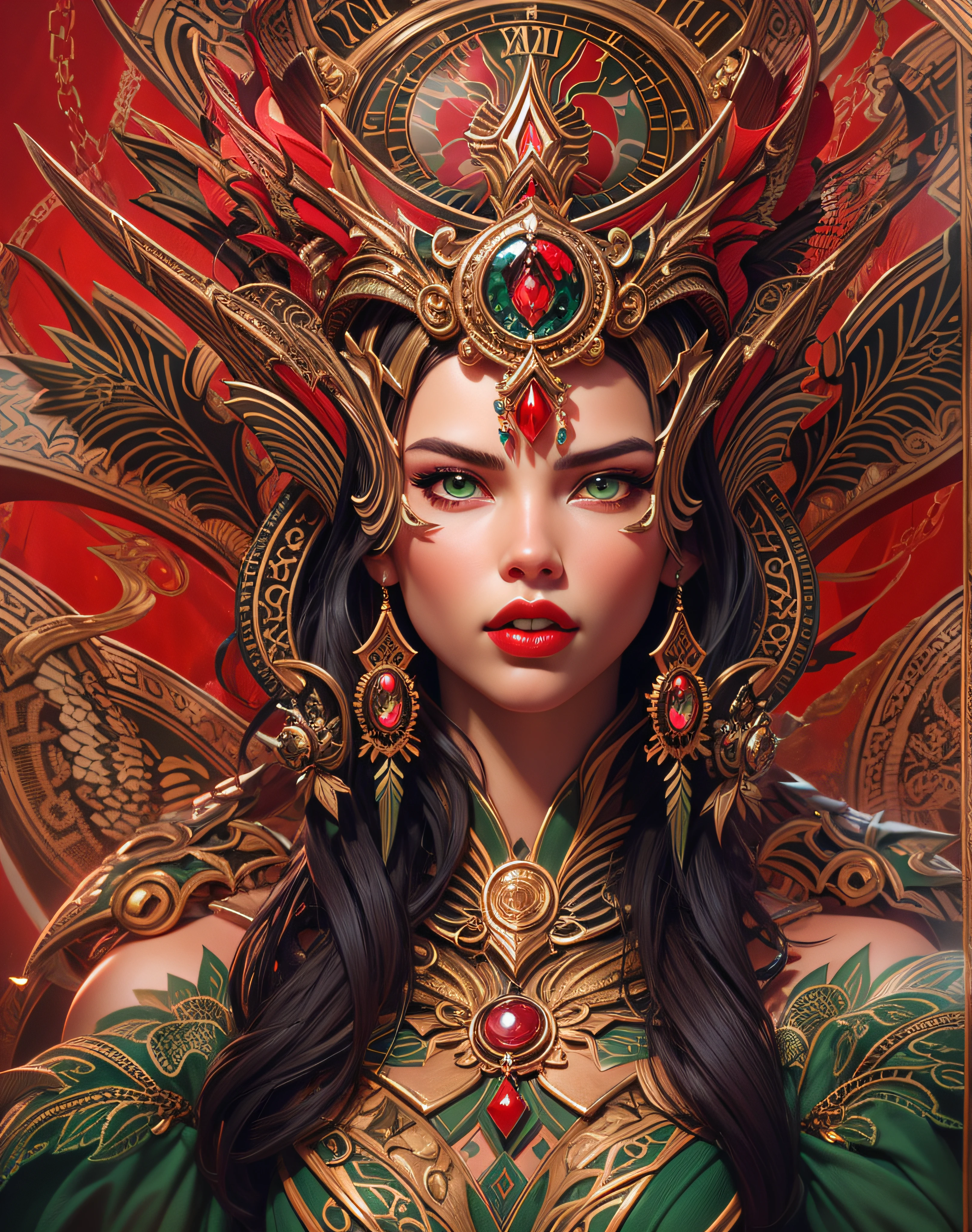 there is a woman (Adriana Lima :1.1) red lips, green eyes, with a large headdress and a clock, stunning digital illustration, exquisite digital illustration, 4k detailed digital art, the dragon girl portrait, beautiful fantasy art portrait, 4k highly detailed digital art, karol bak uhd, a beautiful artwork illustration, detailed face with red lips, detailed fantasy digital art, beauty woman with detailed faces