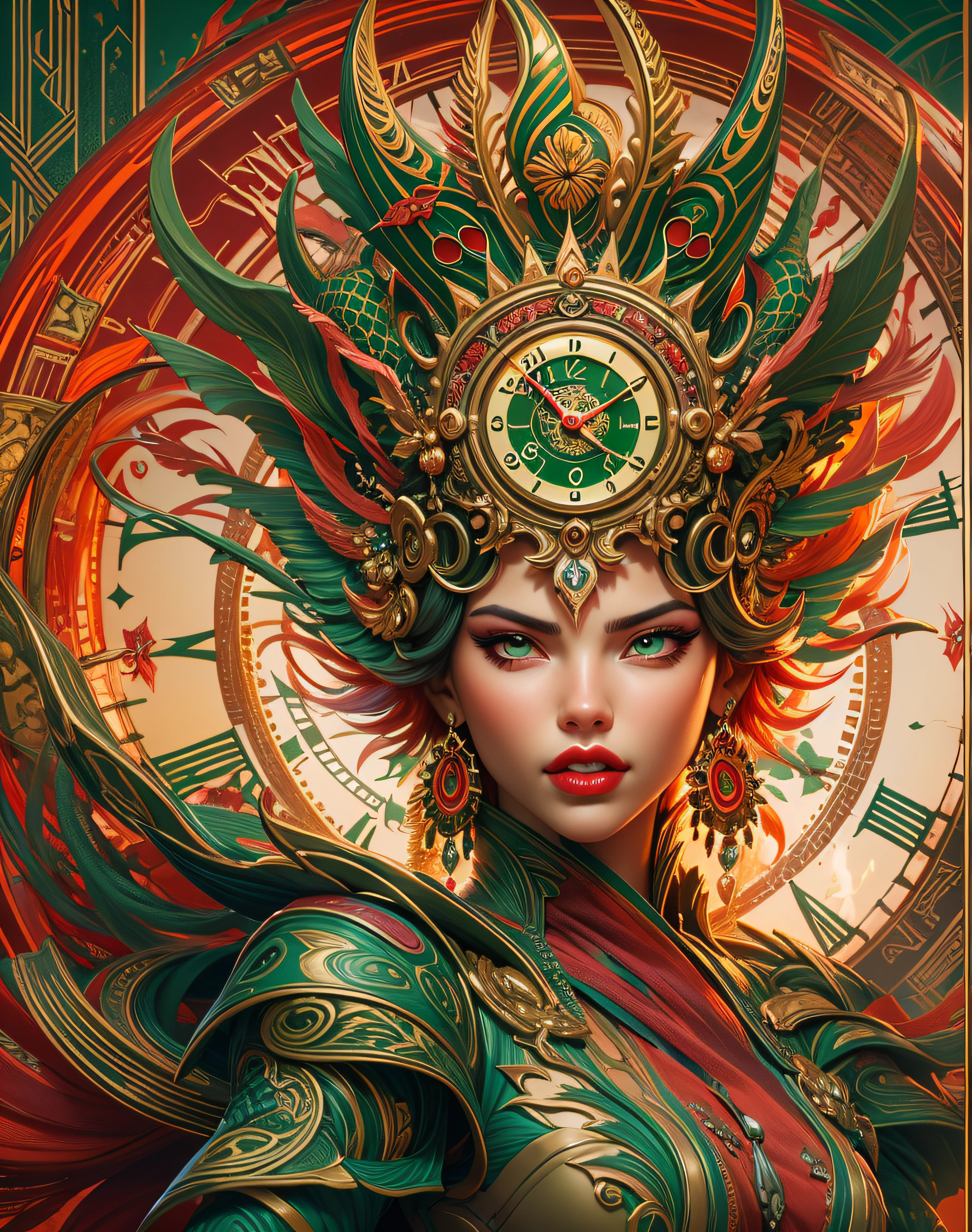 there is a woman (Adriana Lima :1.1) red lips, green eyes, with a large headdress and a clock, stunning digital illustration, exquisite digital illustration, 4k detailed digital art, the dragon girl portrait, beautiful fantasy art portrait, 4k highly detailed digital art, karol bak uhd, a beautiful artwork illustration, detailed face with red lips, detailed fantasy digital art, beauty woman with detailed faces