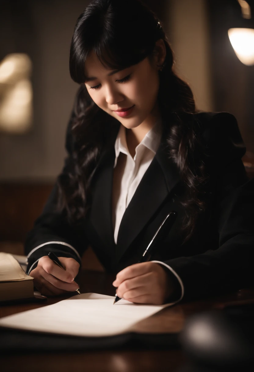 Wearing black leather gloves in both hands, upper body, black blazer uniform, shirt and ribbon, facing the desk in the modern study in the dark, looking down and smiling, writing a letter using a fountain pen, long, straight black hair, young Japanese high school girl (black leather gloves cover both hands)