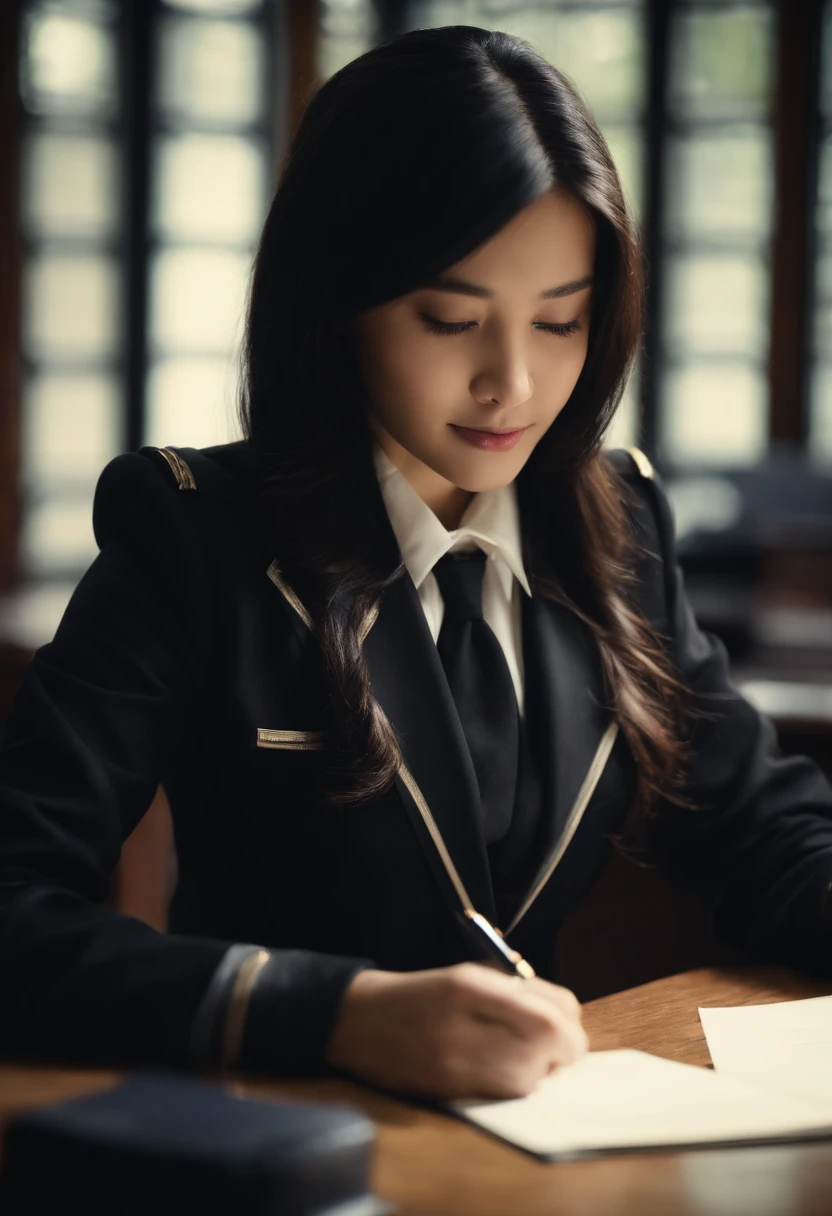 Wearing black leather gloves in both hands, upper body, black blazer uniform, shirt and ribbon, facing the desk in the modern study in the dark, looking down and smiling, writing a letter using a fountain pen, long, straight black hair, young Japanese high school girl (black leather gloves cover both hands)