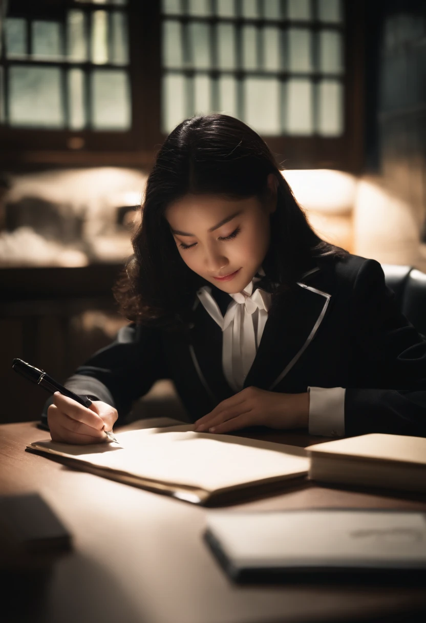 Wearing black leather gloves in both hands, upper body, black blazer uniform, shirt and ribbon, facing the desk in the modern study in the dark, looking down and smiling, writing a letter using a fountain pen, long, straight black hair, young Japanese high school girl (black leather gloves cover both hands)