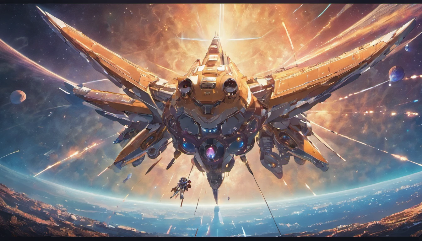 (Space art),(high-angle view:1.2), A futuristic complex spaceship is stationary in space, its hull is damaged, robots and astronauts are repairing it, the vast universe is in the background, outstanding details, cinematic footage
