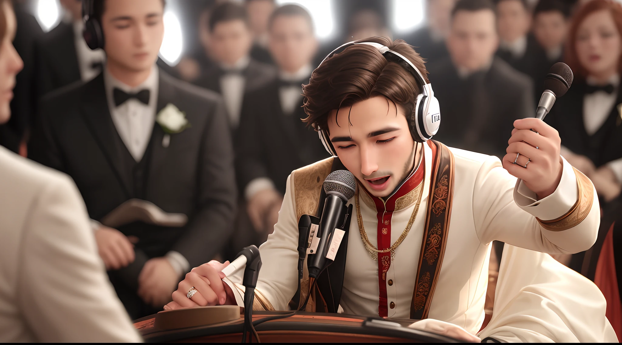 A man seting on a teble , wedding a headphone and hold a mic