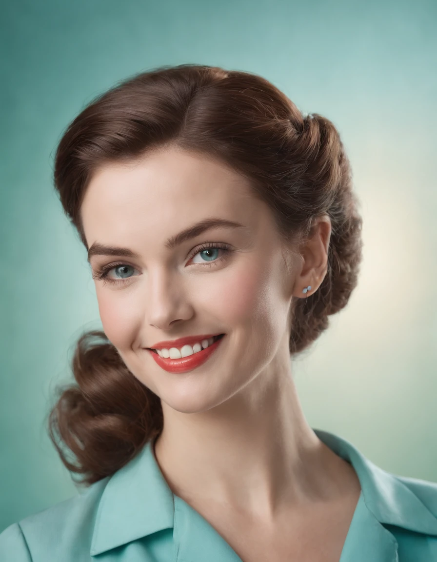1950s retro worker photo retro woman smiling png, green and sky blue style, realism portrait, AP photo, realism: lifelike accuracy