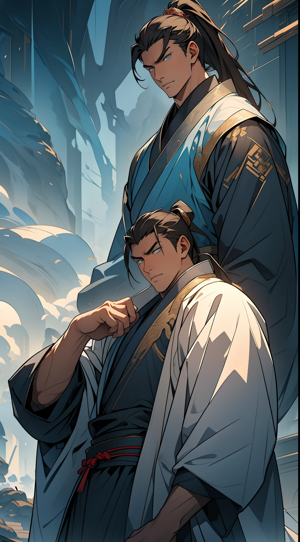 Masterpiece, Excellent, Daytime, 1 Man, Chinese Style, Ancient China, Chinese Court, Eagle, Turquoise Brown Hair, Gray-Blue Eyes, Split Hair, Long Hair, Long Bangs, High Ponytail, Handsome, Handsome, Serious, Gentle, Tall, Quiet, Dark Clothes, Gray-Blue Clothes, Dark Blue Clothes, Prince, Sword, Looking Down