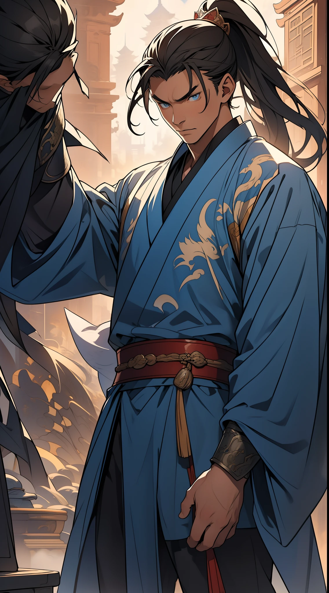 Masterpiece, Excellent, Daytime, 1 Man, Chinese Style, Ancient China, Chinese Court, Eagle, Turquoise Brown Hair, Gray-Blue Eyes, Split Hair, Long Hair, Long Bangs, High Ponytail, Handsome, Handsome, Serious, Gentle, Tall, Quiet, Dark Clothes, Gray-Blue Clothes, Dark Blue Clothes, Prince, Sword, Looking Down