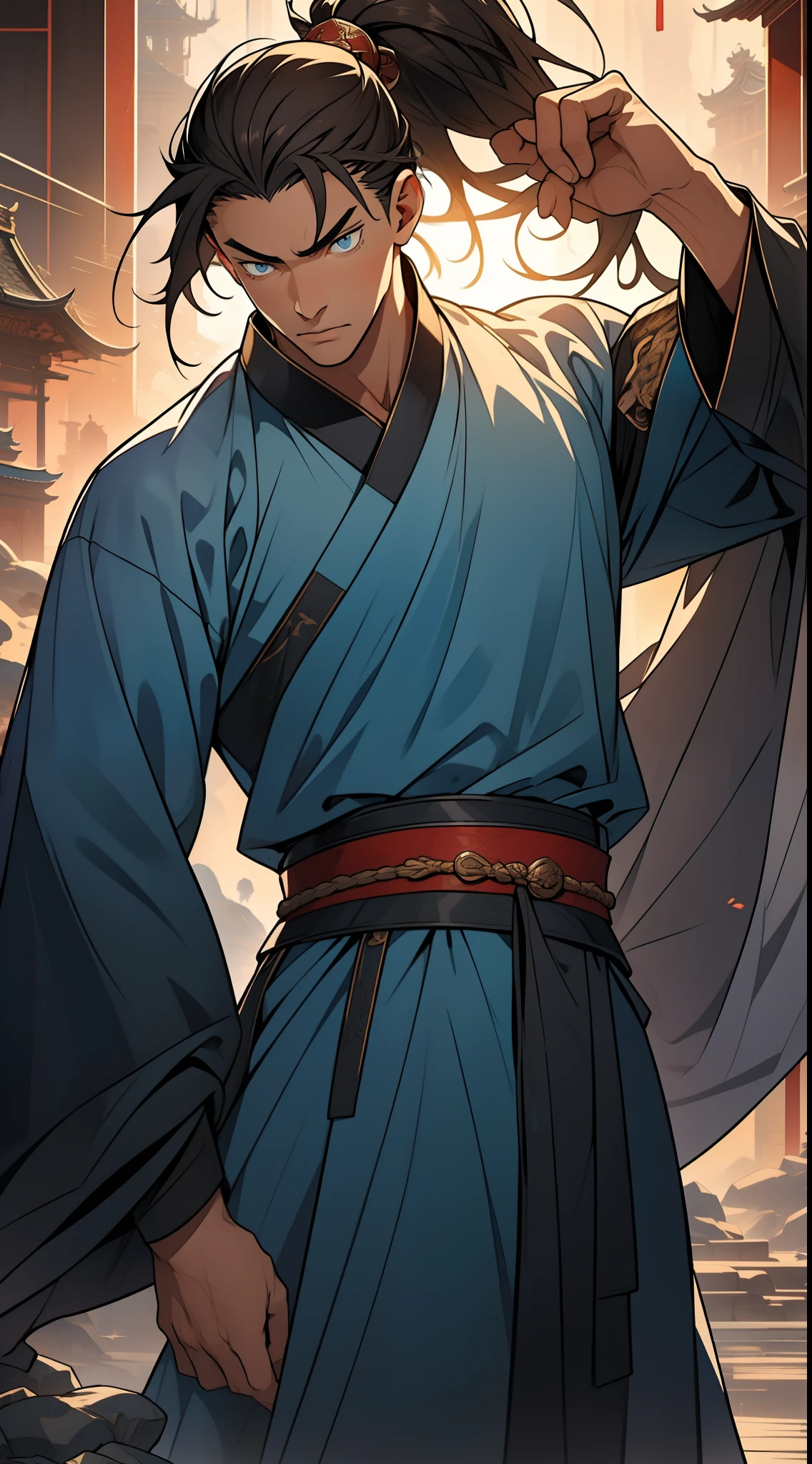 Masterpiece, Excellent, Daytime, 1 Man, Chinese Style, Ancient China, Chinese Court, Eagle, Turquoise Brown Hair, Gray-Blue Eyes, Split Hair, Long Hair, Long Bangs, High Ponytail, Handsome, Handsome, Serious, Gentle, Tall, Quiet, Dark Clothes, Gray-Blue Clothes, Dark Blue Clothes, Prince, Sword, Looking Down