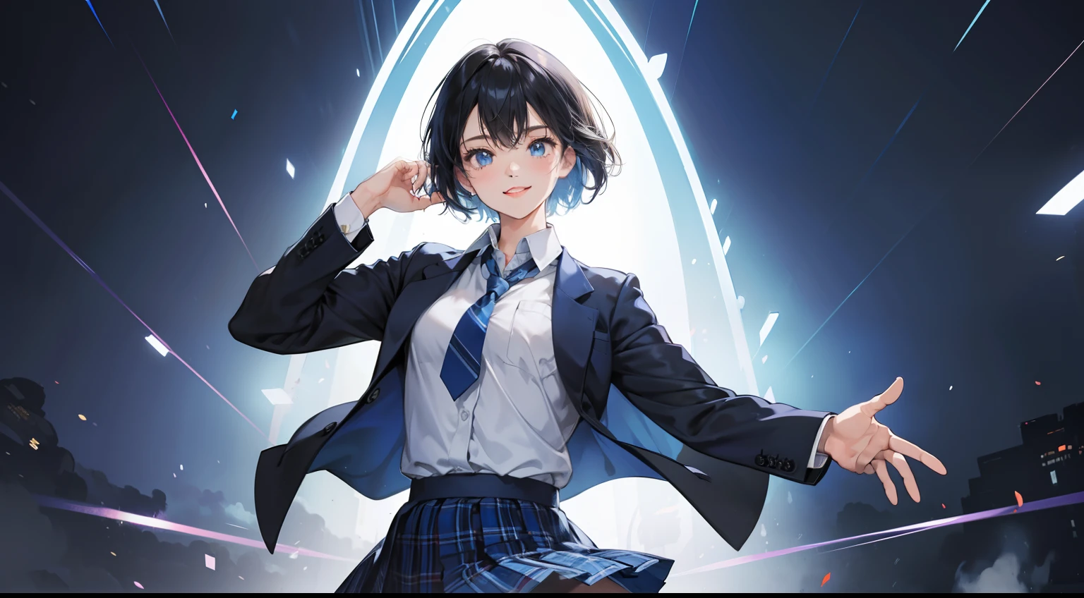 (The background is filled with a simple blue design pattern in 2D), (Formal jacket dark blue), The theme color is blue, masutepiece, Super Detail, High quality, awardwinning, 8K, (girl), Solo, Smiling, High School Uniform, White shirt, Short tie, Short pleated skirt is plaid, Half body shot, Shooting from the front, Detailed fingers, romantic, Cinematic Light