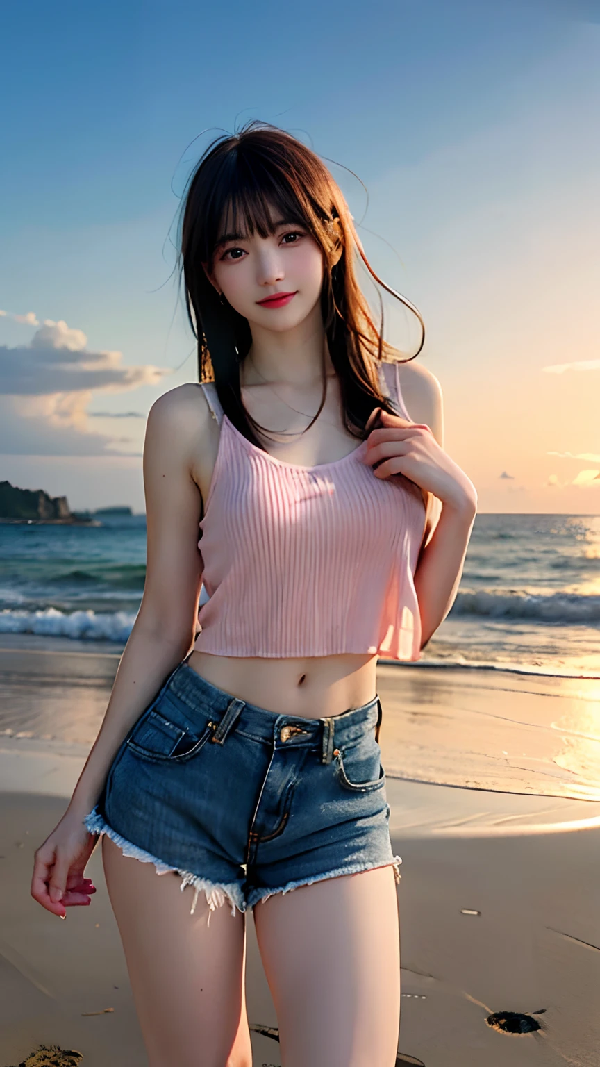 1girl, ((extreme detail)), (ultra-detailed), (best quality, 4k, 8k, highres, masterpiece:1.2), (realistic, photorealistic, photo-realistic:1.37), (extremely detailed CG unity 8k wallpaper), (an extremely delicate and beautiful), fine detail, insane details, sharp focus, soft back, soothing tones, hyperdetailed, low contrast, exposure blend, illustration, film grain, beautiful lighting, perfect lightning, precise proportions,

(perfect female figure), blush,
(beach), background blur, sunlight, daylight,
(short-length wavy parted hair:1.45),
(pink tank top), (denim shorts), (smile:0.8),