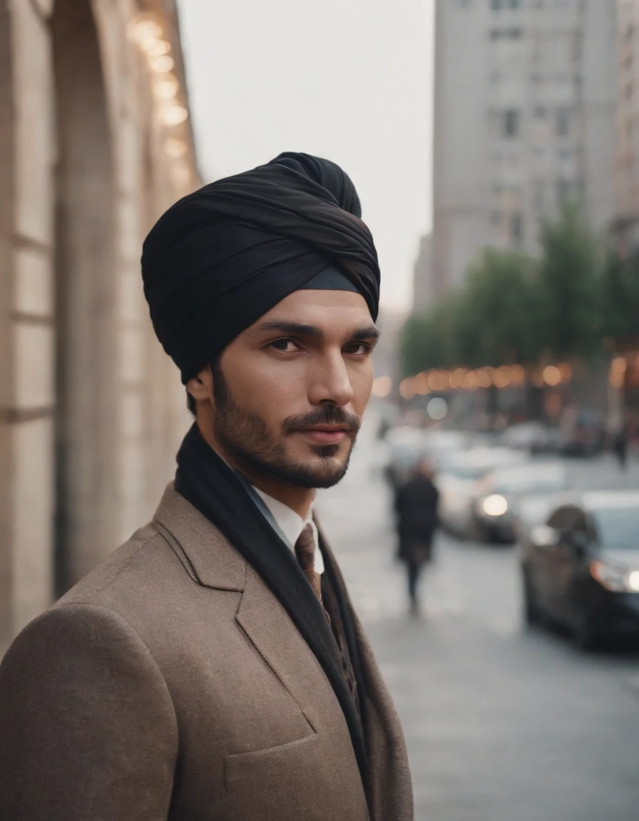 A man wearing a turban stands in the city, style is moody and tranquil scene, social media portrait, detailed portrait, (upper body)