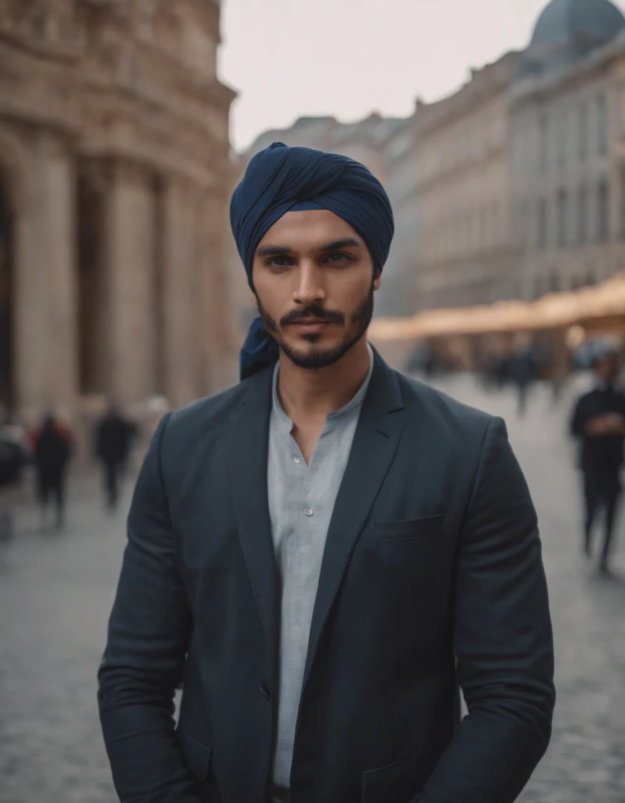 A man wearing a turban stands in the city, style is moody and tranquil scene, social media portrait, detailed portrait, (upper body)