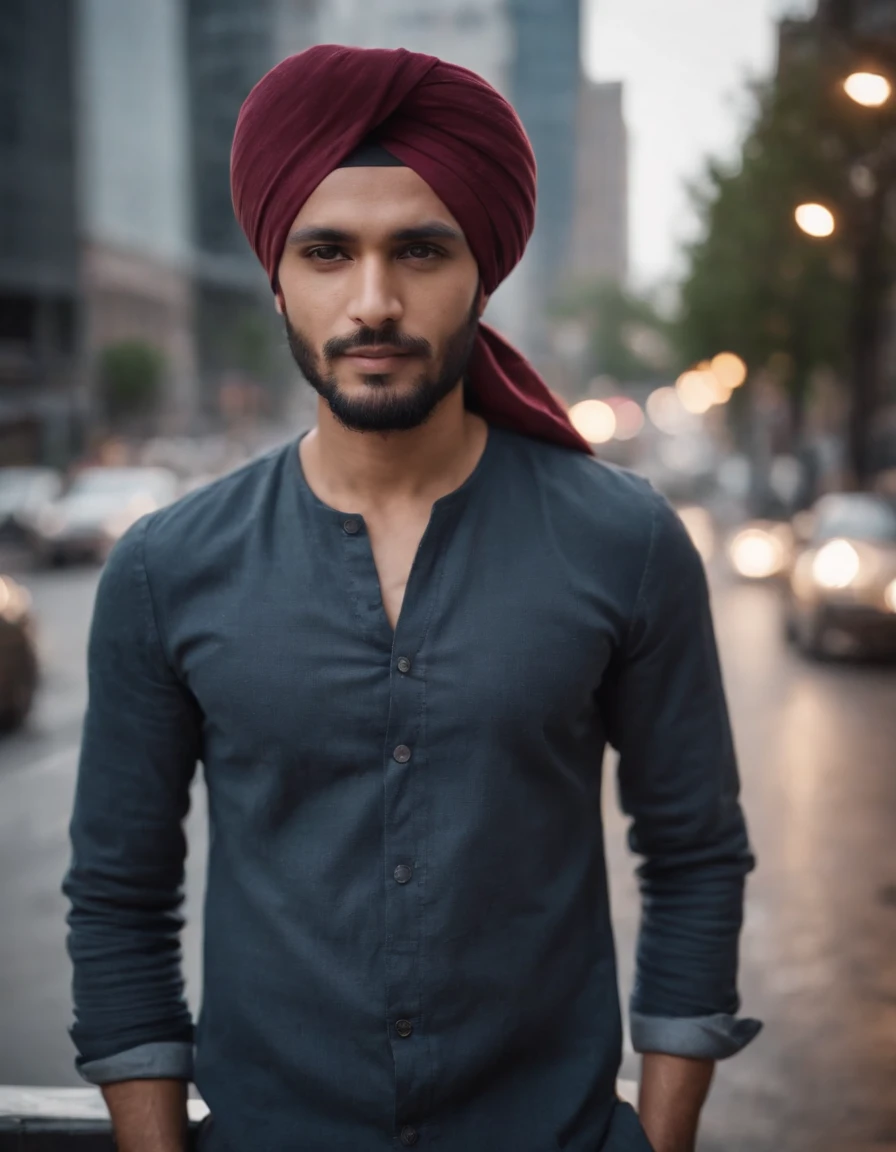 A man wearing a turban stands in the city, style is moody and tranquil scene, social media portrait, detailed portrait, (upper body)