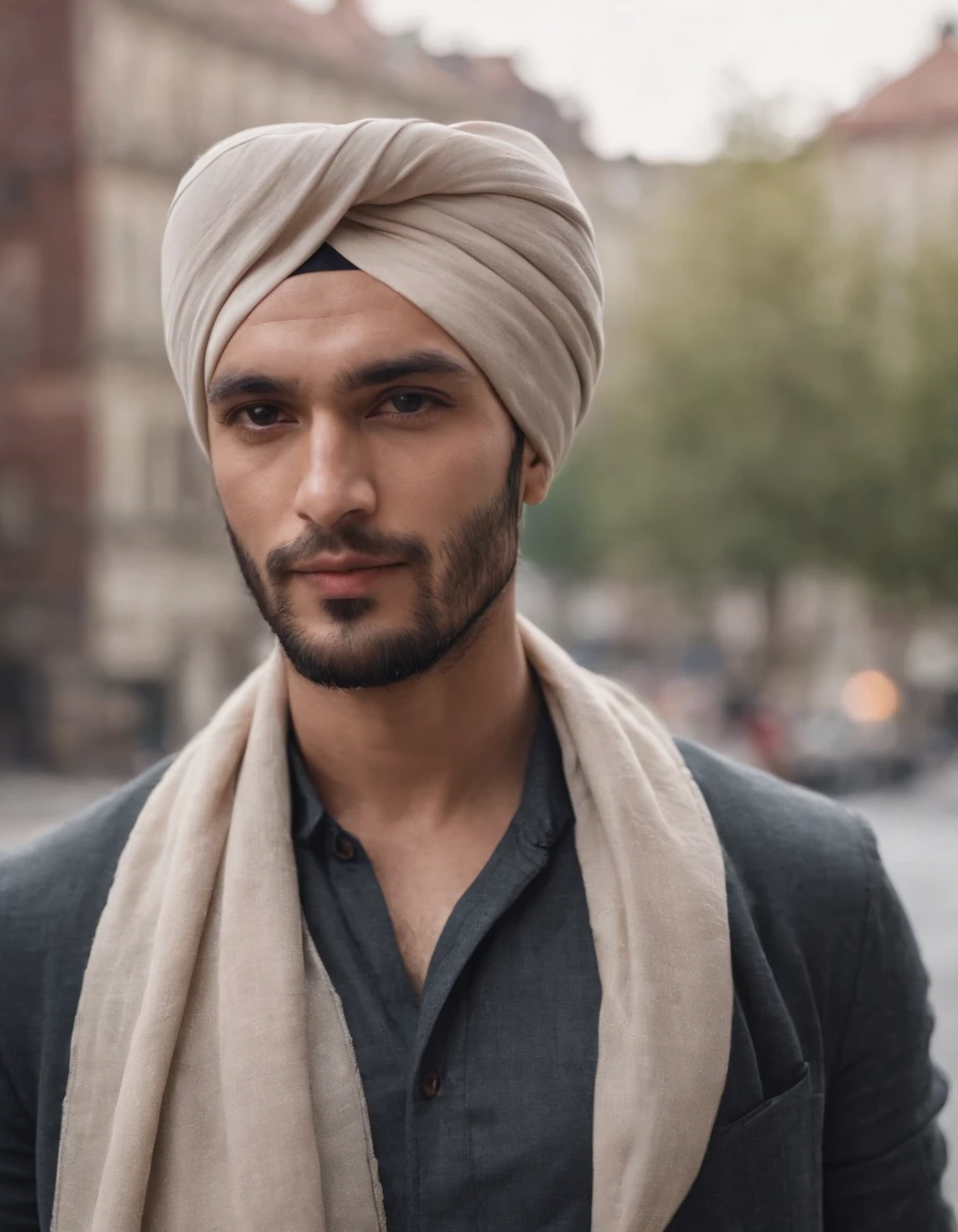 A man wearing a turban stands in the city, style is moody and tranquil scene, social media portrait, detailed portrait, (upper body)