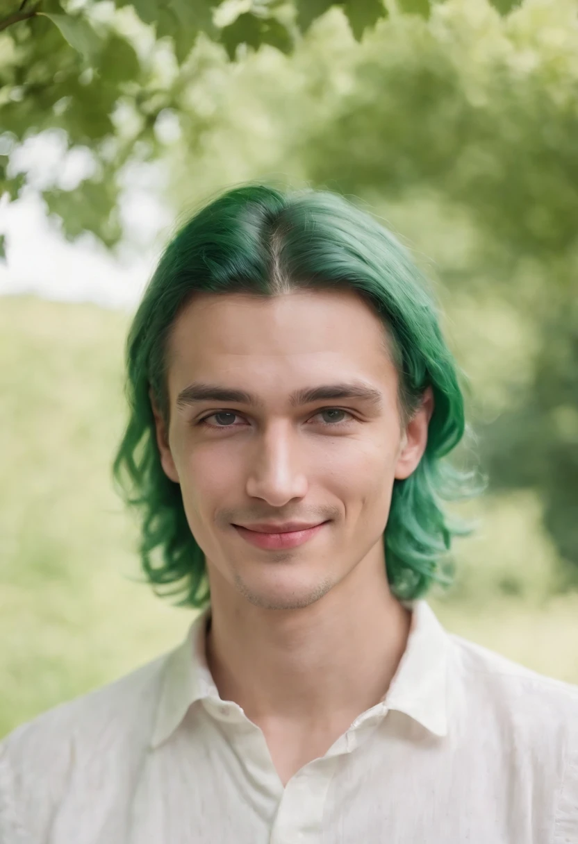 A young man, Green Hair, Adult, 25 Years, White Clothes, Merchant, Farmer, Medieval, Smiling Man, Best Quality, Masterpiece, 8k, 32k, Village Background,upper bod