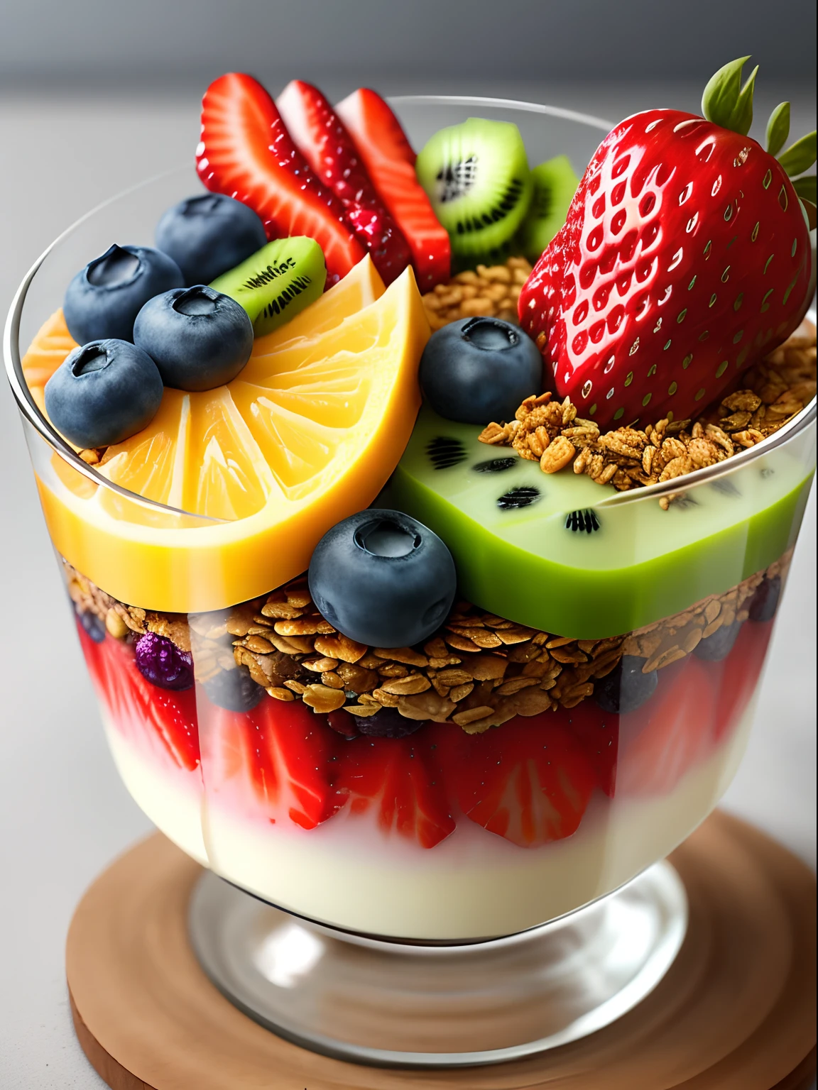 Clear! Here is a visual description of the Yogurt and Fruit Parfait recipe:

A glass reveals layers of vibrant colors. At the base is a thick layer of natural low-fat yogurt, with a creamy tone. On top of the yogurt, there is a variety of chopped fresh fruits, such as bright red strawberries, juicy purple blueberries, and pieces of vibrant green kiwi. These fruits add a touch of freshness and an explosion of colors to the dessert. A tablespoon of granola with no added sugar is gently spread over the fruits, adding crunch and texture. Finally, small chia seeds are sprinkled over the granola, adding a touch of visual contrast. At the top of the glass, you can see the combination of colorful layers, creating an attractive, balanced and delicious dessert.