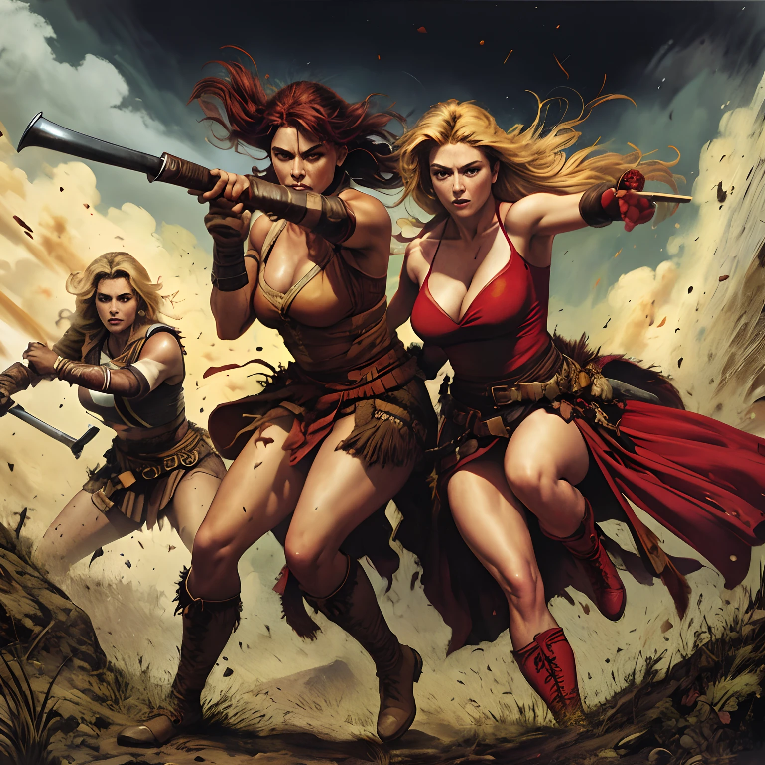 Excellent HD 8K Women's Classic Art Barbarian Comics, Sonja, the warrior Barbara, cabelos longos ondulados, cor ruivo, voluptuosa mulher, Slender and athletic body, usando trajes femininos de batalha,, ,no campo de batalha empunhando a sua espada contra seus inimigos ferozes