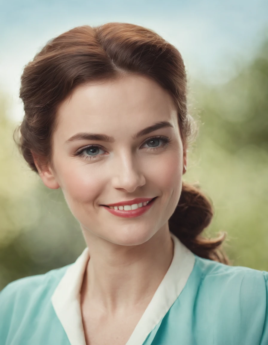 1950s retro worker photo retro woman smiling png, green and sky blue style, realism portrait, AP photo, realism: lifelike accuracy,(medium close-up)