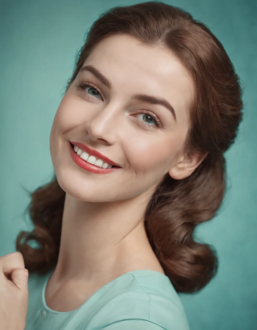 1950s retro worker photo retro woman smiling png, green and sky blue style, realism portrait, AP photo, realism: lifelike accuracy,(medium close-up)