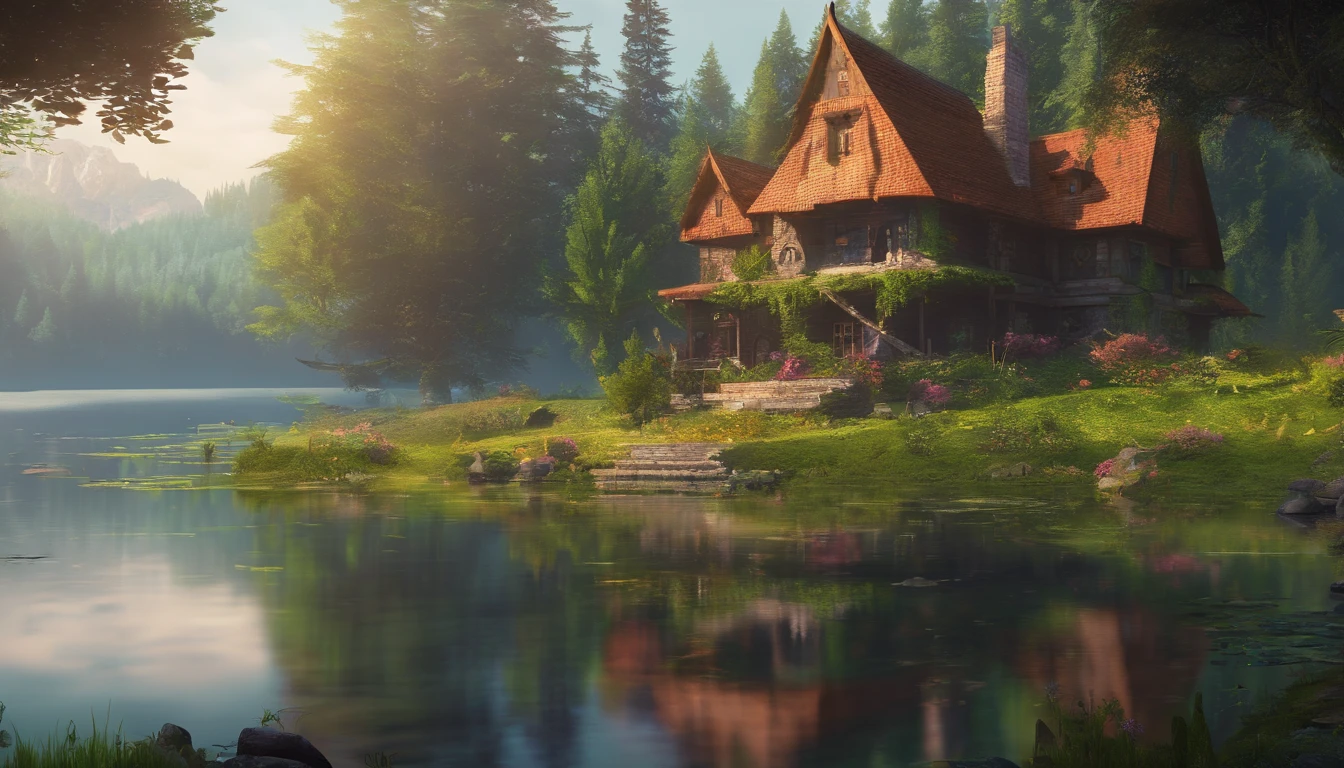 (Best Quality,4k,8K,hight resolution,Masterpiece:1.2),Ultra-detailed,(Realistic,Photorealistic,photo-realistic:1.37),A small house on a quiet lake in the forest,digital rendering by Alexander Brooker,Shutterstock,Fantasy art,Beautiful fairytale visualization