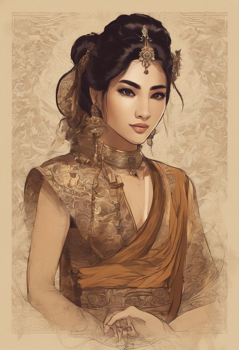 En el siglo XV, Tailandia, conocida entonces como el Reino de Ayutthaya, It was a prosperous empire in Southeast Asia.. Let me introduce you to a young woman living in this fascinating age: **Nombre:** Su nombre es Suriya, que significa "sol" in Thai, A name that reflects the light and energy that radiates in its community. **Apariencia:** Suriya is a young woman of classic Thai beauty. Tiene la piel canela, suave y luminosa, bronceada por el sol tropical. Su cabello es largo y oscuro, trenzado cuidadosamente y adornado con flores tropicales frescas. Sus ojos son profundos y expresivos, of a deep brown, and are framed by long eyelashes that enhance your gaze. Wear traditional Thai clothing of the time, un pareo de seda exquisitamente tejido y una blusa