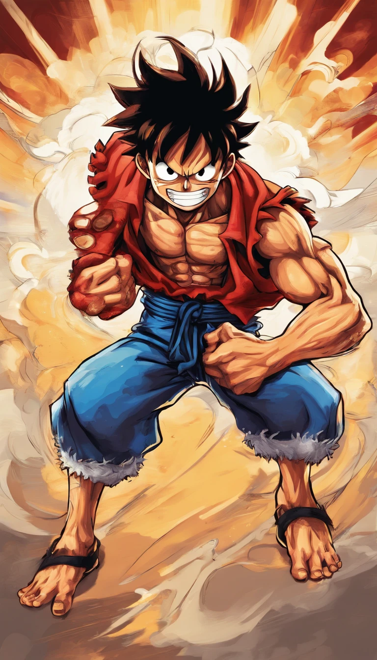 1 male, luffy, one piece, smiling, full body, eyes are very well depicted, Facial features carefully detailed, hands carefully depicted, very muscular, doing crab pose muscle flex, dark background, 8k, best quality
