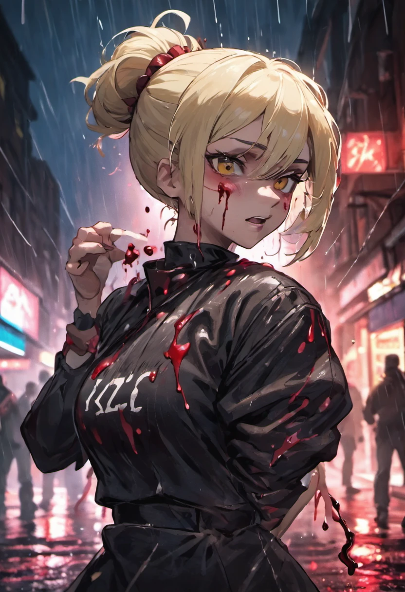 Closeup photograph, confident young woman with blonde and white hair in a bun, wearing a black uniform with blood on it, in a rain soaked street at night, photorealistic, cinematic lighting