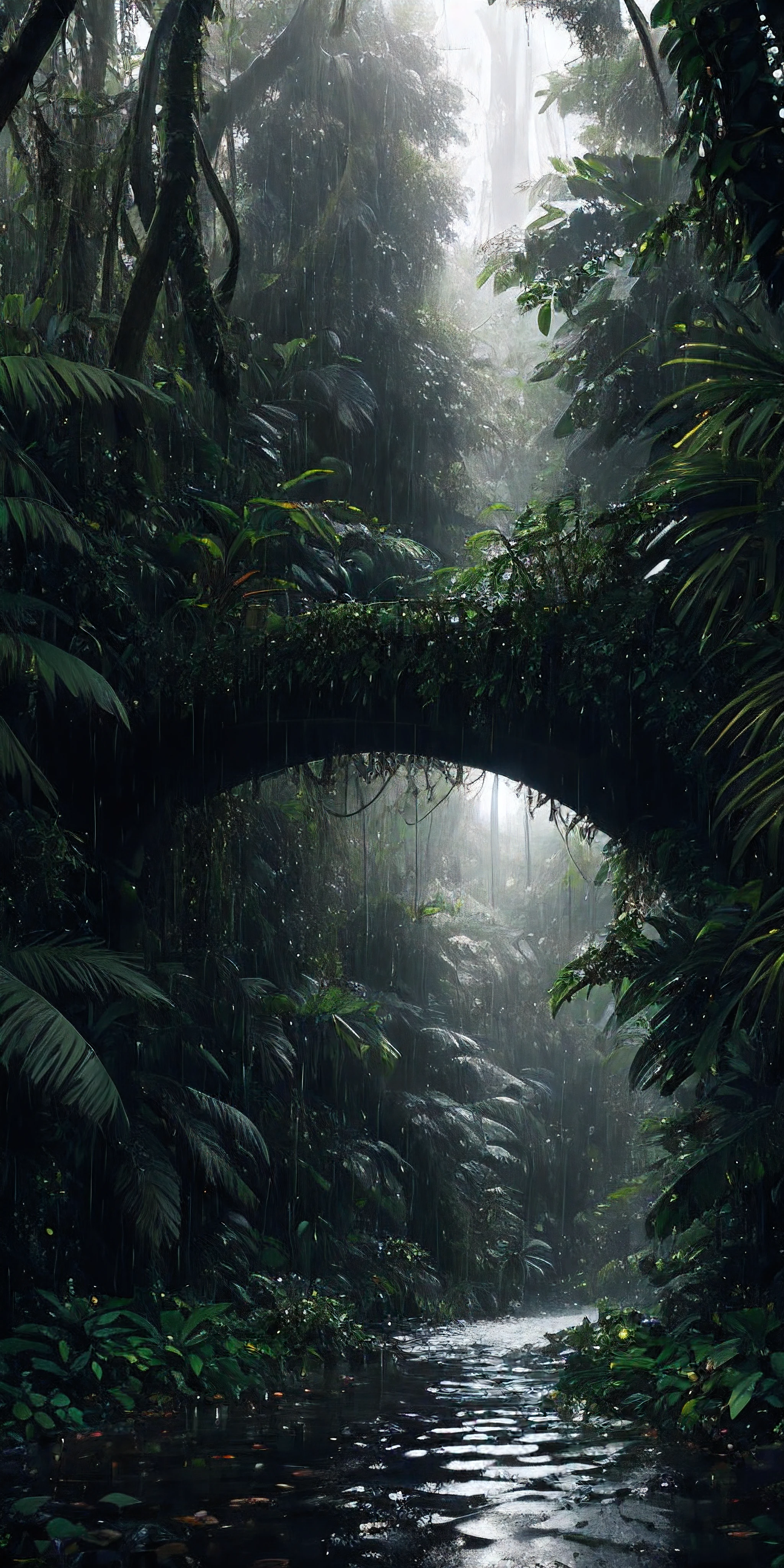 A jungle, with intense rainfall, monochromatic, vines all around, giant and wet trees, masterpiece, best quality, high quality, extremely detailed CG unity 8k wallpaper, oil paiting, award winning photography, Bokeh, Depth of Field, HDR, bloom, Chromatic Aberration ,Photorealistic,extremely detailed, trending on artstation, trending on CGsociety, Intricate, High Detail, dramatic, art by midjourney, volumetric lighting